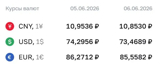 Официальный курс ЦБ на выходные и 8 июня: доллар ₽73,47, евро ₽85,56, юань ₽10,85. По курсу Центробанка проходят расчеты по облигациям и фьючерсам.