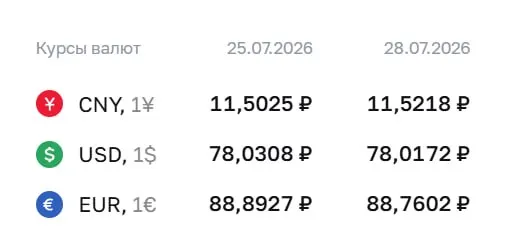 Официальный курс на 28 июля: доллар — ₽78,02; евро — ₽88,76; юань — ₽11,52. По курсу Центробанка проходят расчеты по ряду финансовых инструментов.