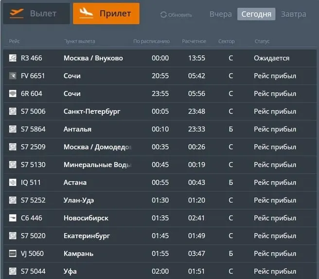 По данным табло аэропорта Толмачево, самая большая задержка — рейс из Москвы; ожидаемое прибытие перенесено с полуночи на 13:55. Задержки касаются рейсов из Москвы, Сочи, Хабаровска, Владивостока, Магадана, Петропавловска-Камчатского и Благовенска.